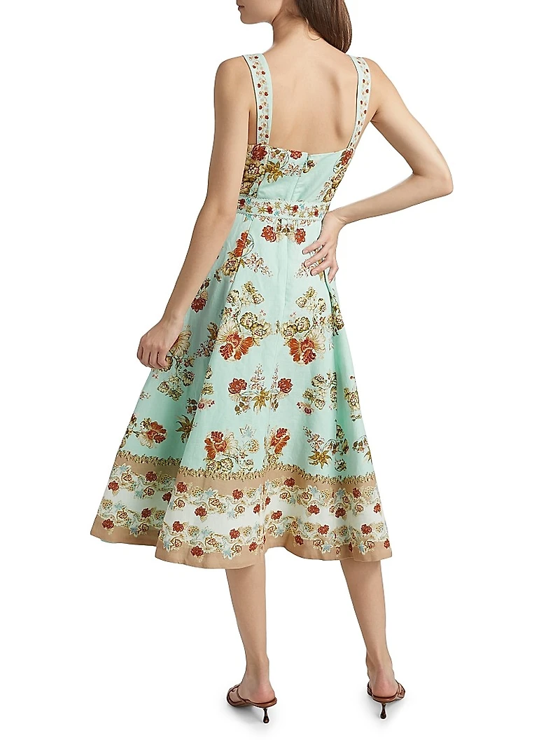 Rohi Floral Linen-Cotton Belted Midi-Dress