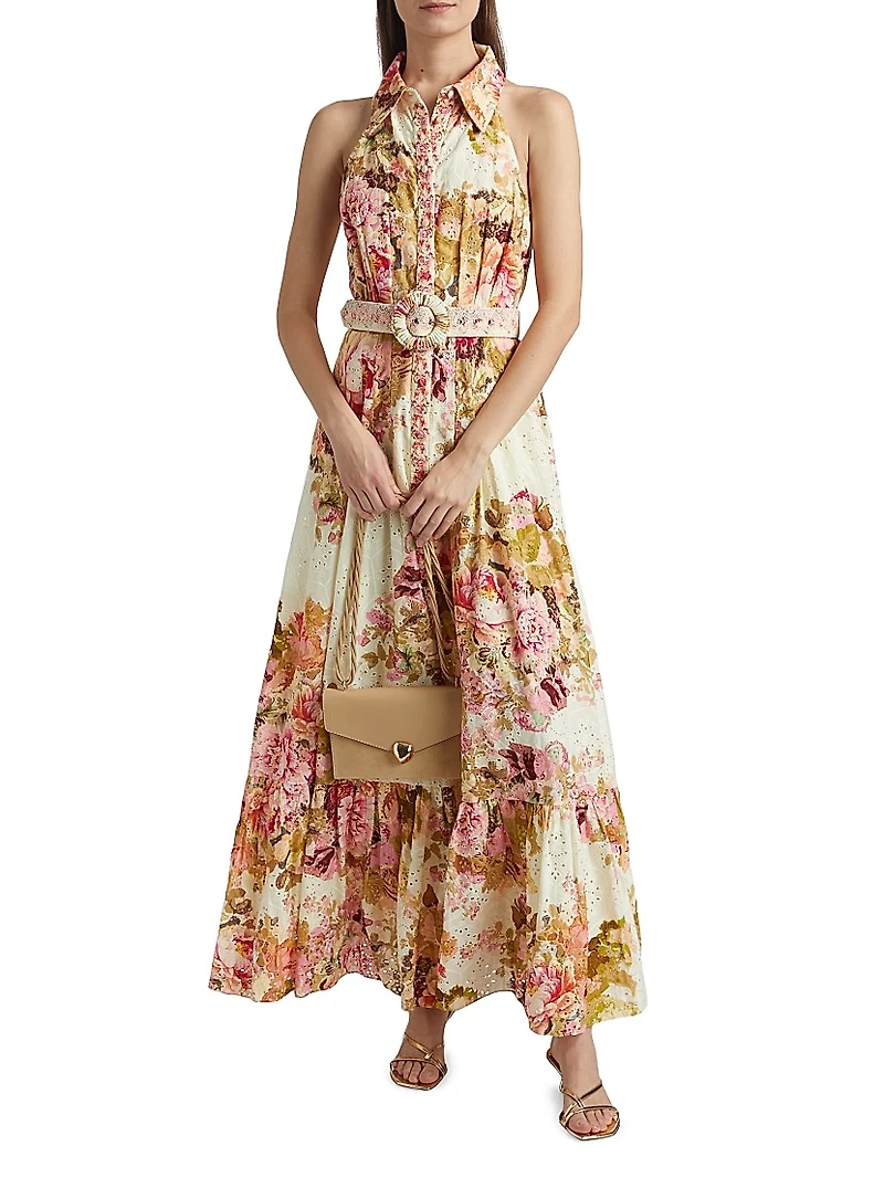 Sama Floral Cotton Belted Maxi Shirtdress