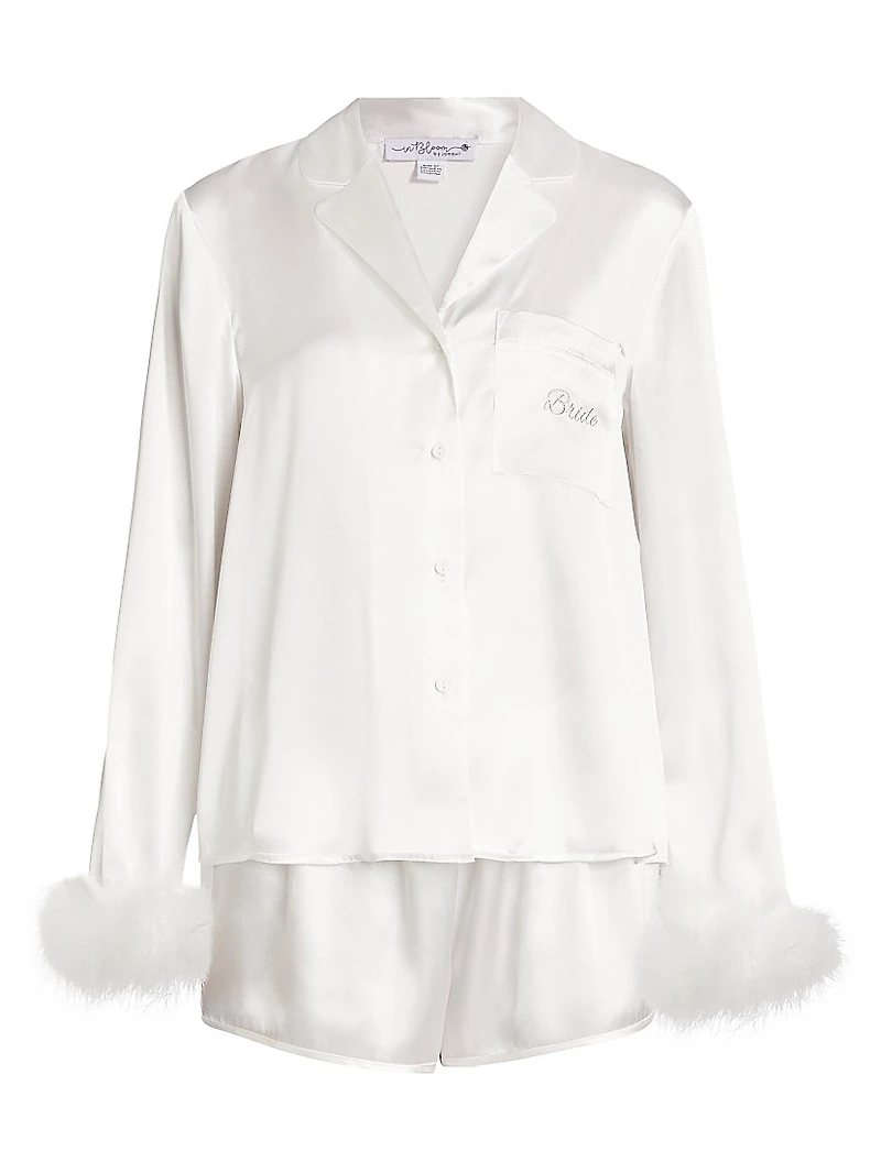 Zayla Feather-Trimmed Satin Short Pajamas