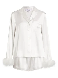 Zayla Feather-Trimmed Satin Short Pajamas