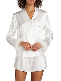 Zayla Feather-Trimmed Satin Short Pajamas