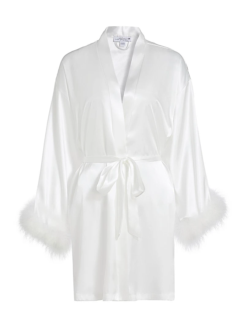 Zayla Feather-Trimmed Satin Tie-Waist Wrap