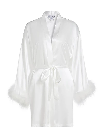 Zayla Feather-Trimmed Satin Tie-Waist Wrap