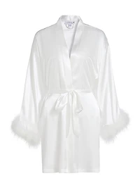 Zayla Feather-Trimmed Satin Tie-Waist Wrap
