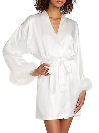 Zayla Feather-Trimmed Satin Tie-Waist Wrap