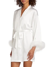 Zayla Feather-Trimmed Satin Tie-Waist Wrap