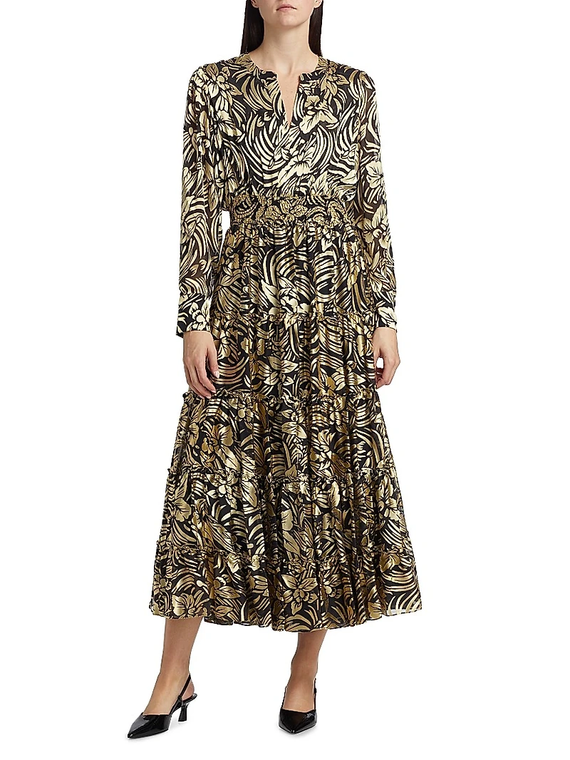 The Francesca Metallic Burnout Tiered Midi-Dress