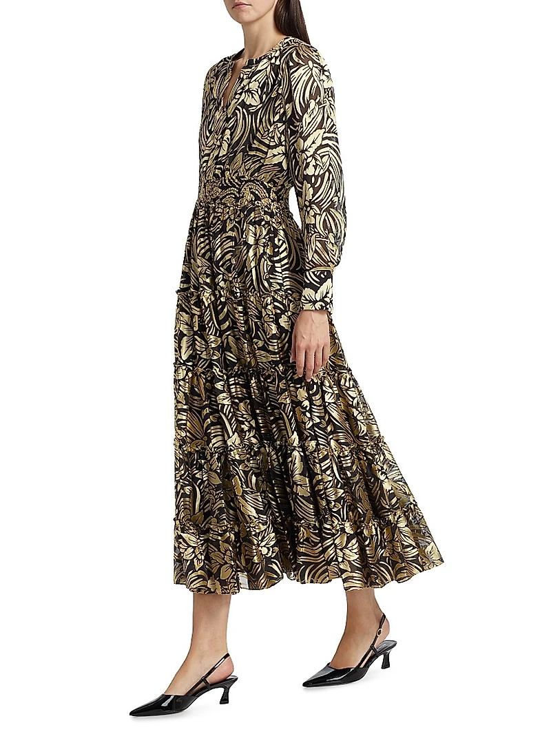 The Francesca Metallic Burnout Tiered Midi-Dress