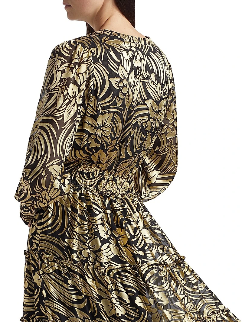 The Francesca Metallic Burnout Tiered Midi-Dress