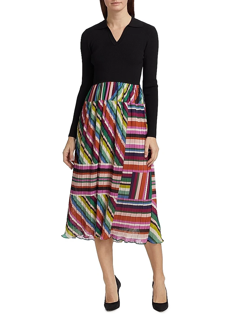 Mave Mix Media Pleated Midi-Dress