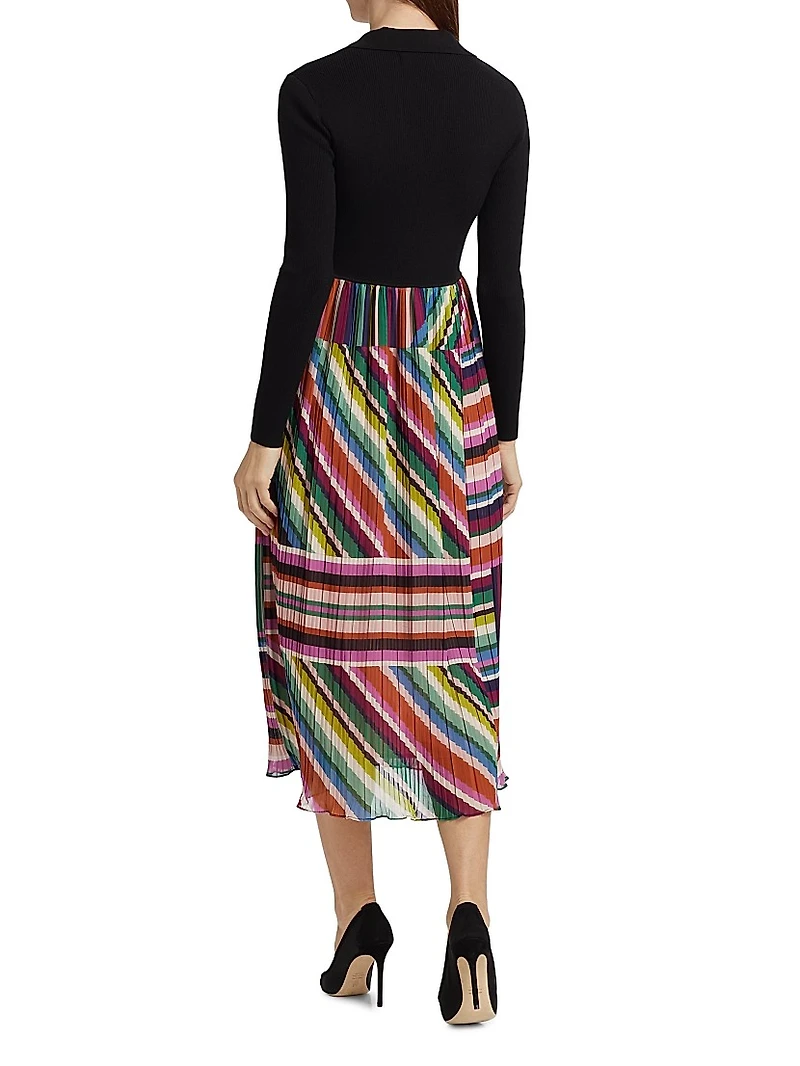 Mave Mix Media Pleated Midi-Dress