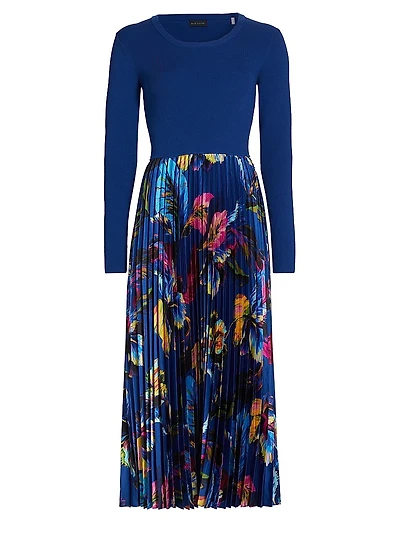 Mave Mix Media Pleated Midi-Dress