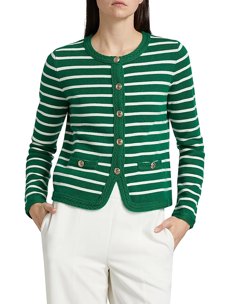 Makena Striped Wool-Cashmere Crewneck Cardigan