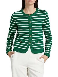 Makena Striped Wool-Cashmere Crewneck Cardigan