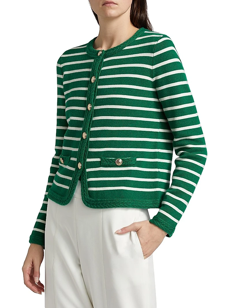 Makena Striped Wool-Cashmere Crewneck Cardigan