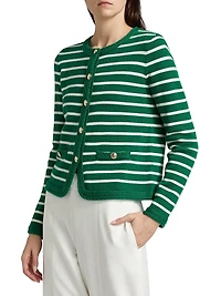 Makena Striped Wool-Cashmere Crewneck Cardigan