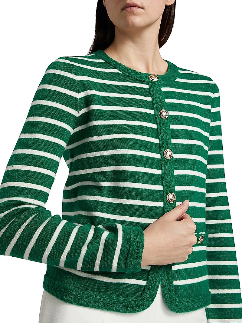 Makena Striped Wool-Cashmere Crewneck Cardigan