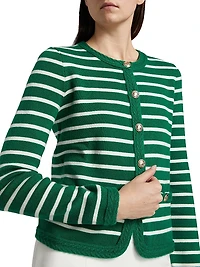 Makena Striped Wool-Cashmere Crewneck Cardigan