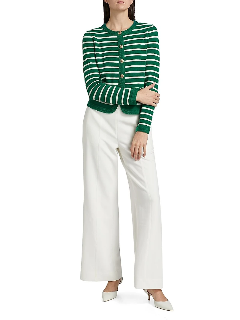 Makena Striped Wool-Cashmere Crewneck Cardigan