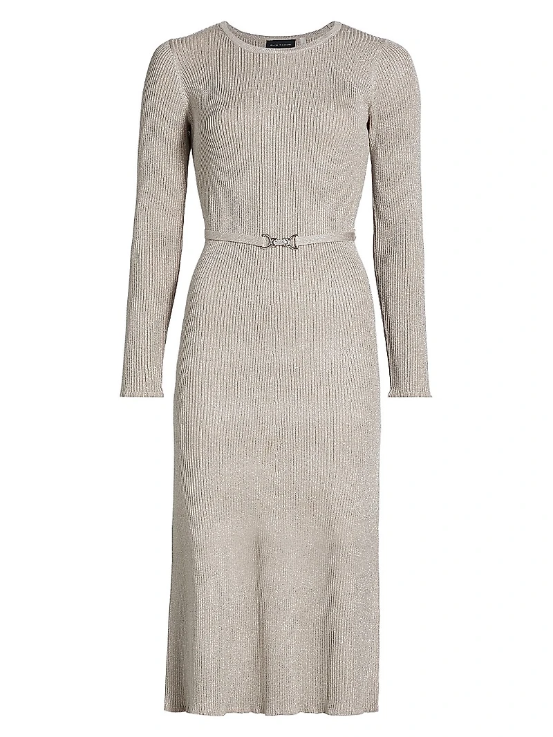 Leith Metallic Rib-Knit Belted Midi-Dress