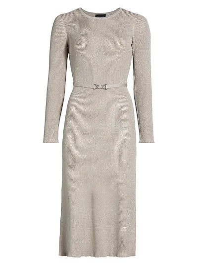 Leith Metallic Rib-Knit Belted Midi-Dress