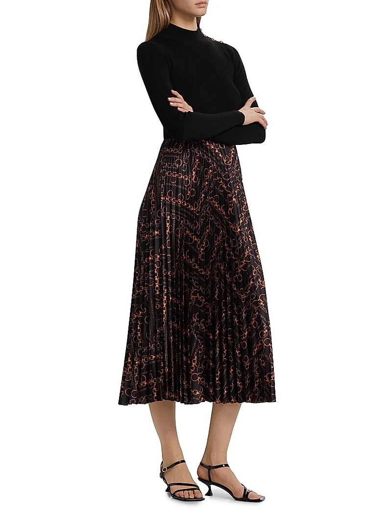 The Mave Mixed-Media Gilded Chain Print Sweater Dress