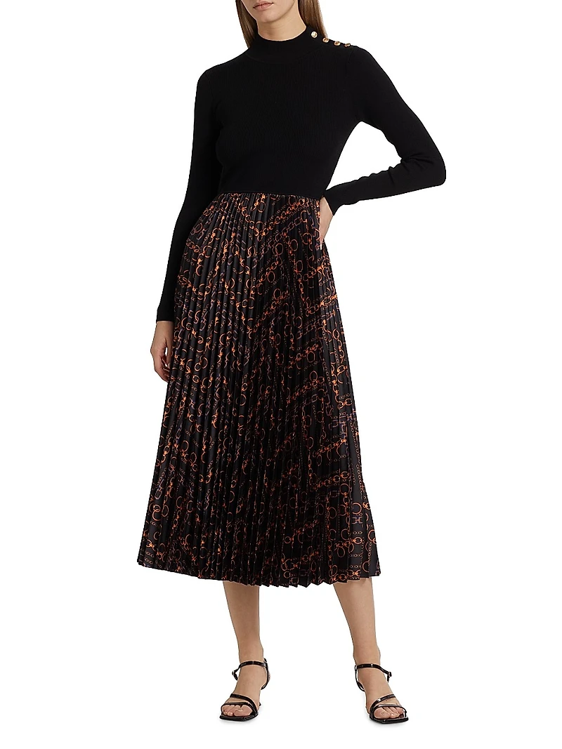 The Mave Mixed-Media Gilded Chain Print Sweater Dress