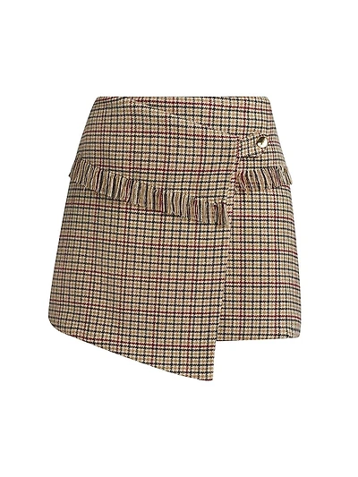 Check Wool-Blend Wrap Miniskirt