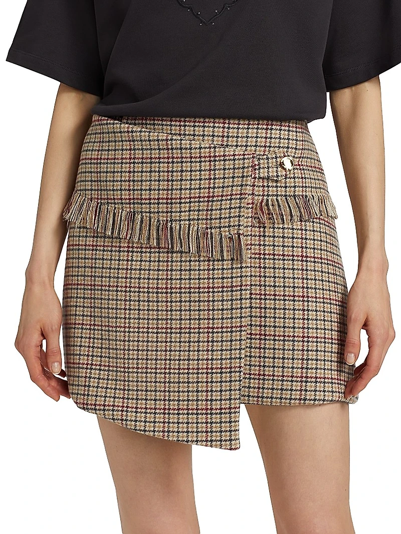 Check Wool-Blend Wrap Miniskirt