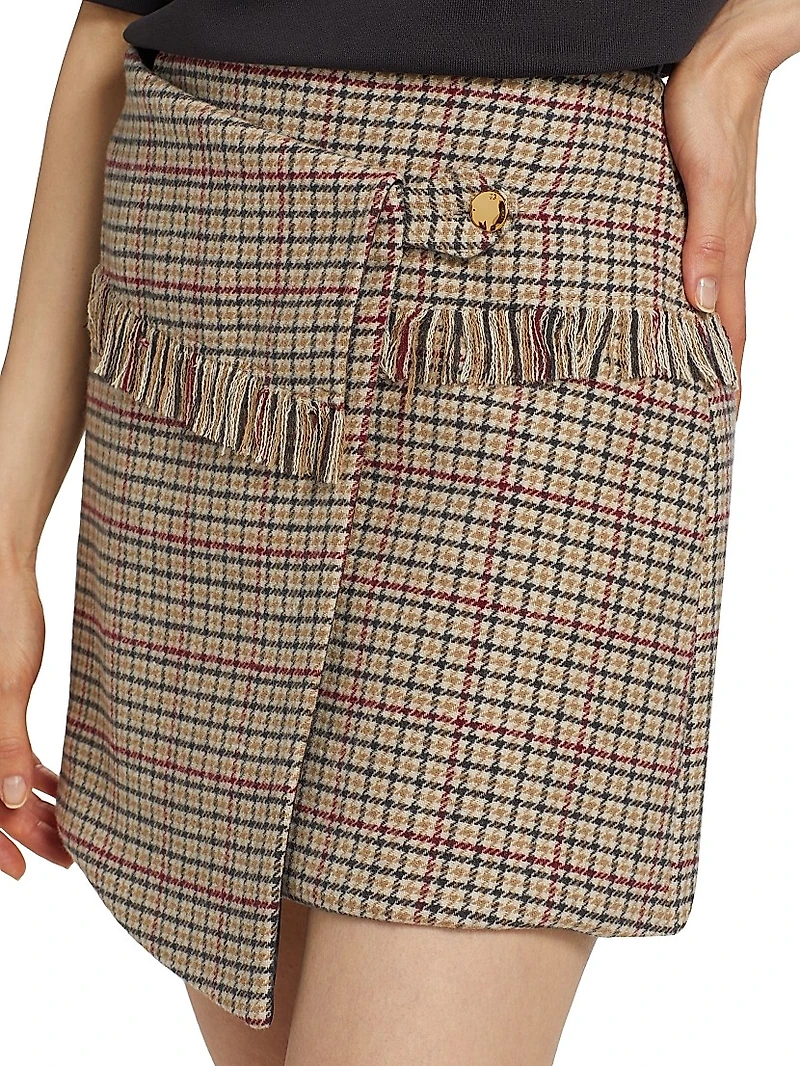 Check Wool-Blend Wrap Miniskirt