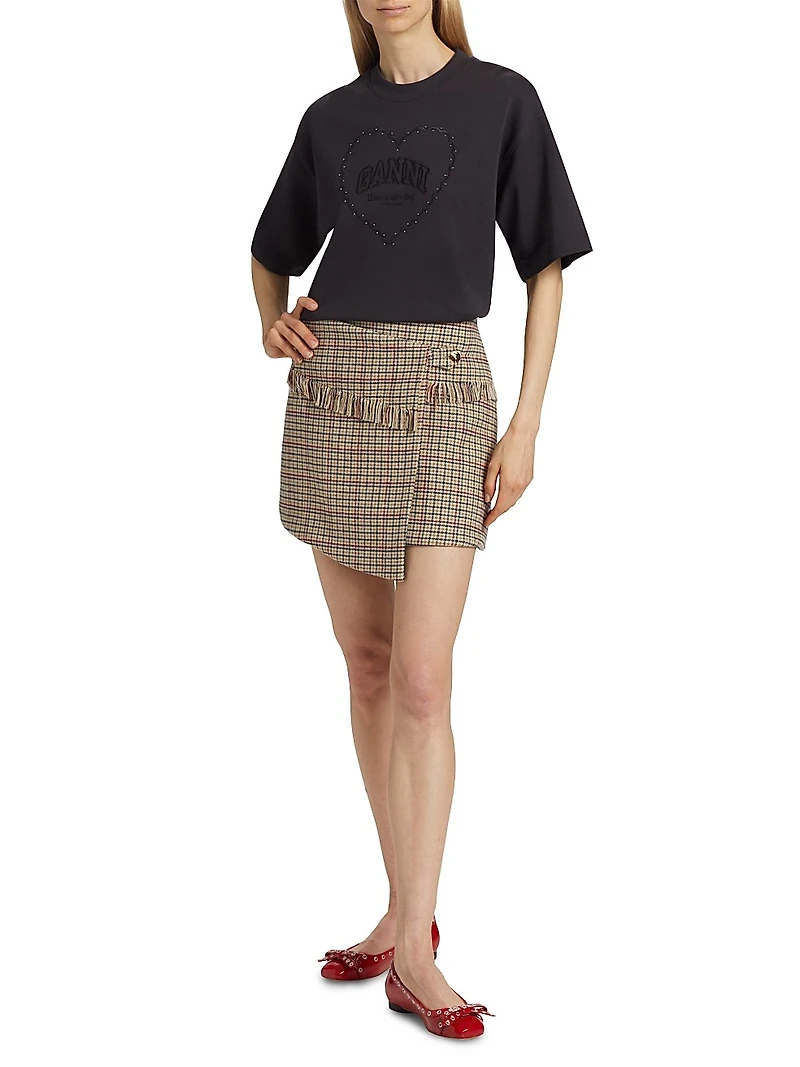 Check Wool-Blend Wrap Miniskirt