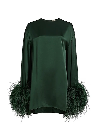 Feather-Trimmed Satin Shift Minidress