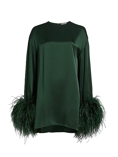 Feather-Trimmed Satin Shift Minidress