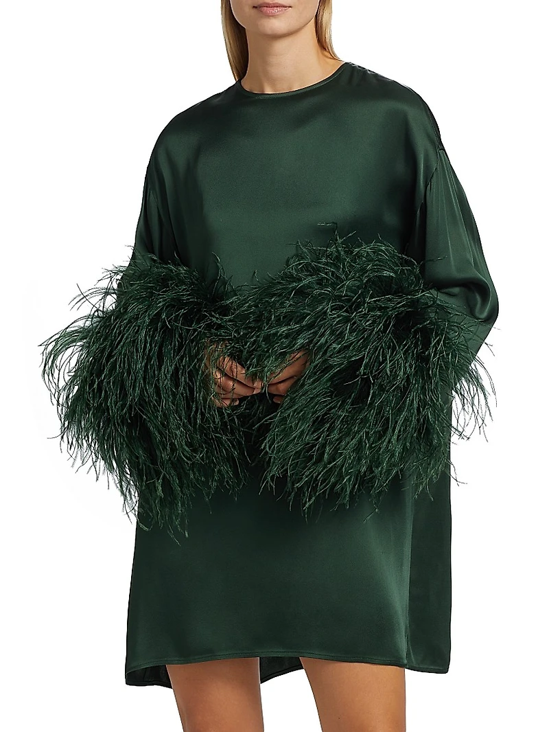 Feather-Trimmed Satin Shift Minidress