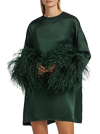 Feather-Trimmed Satin Shift Minidress
