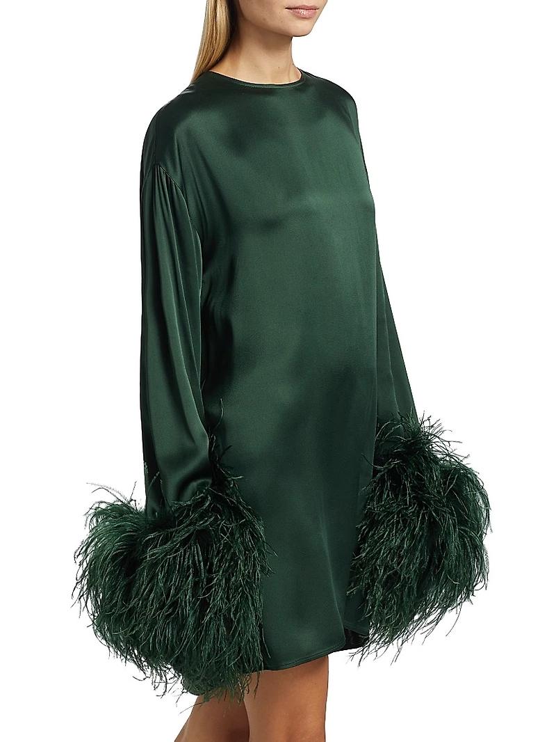 Feather-Trimmed Satin Shift Minidress