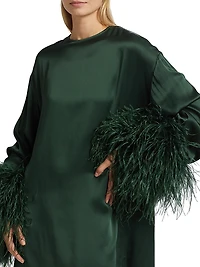 Feather-Trimmed Satin Shift Minidress