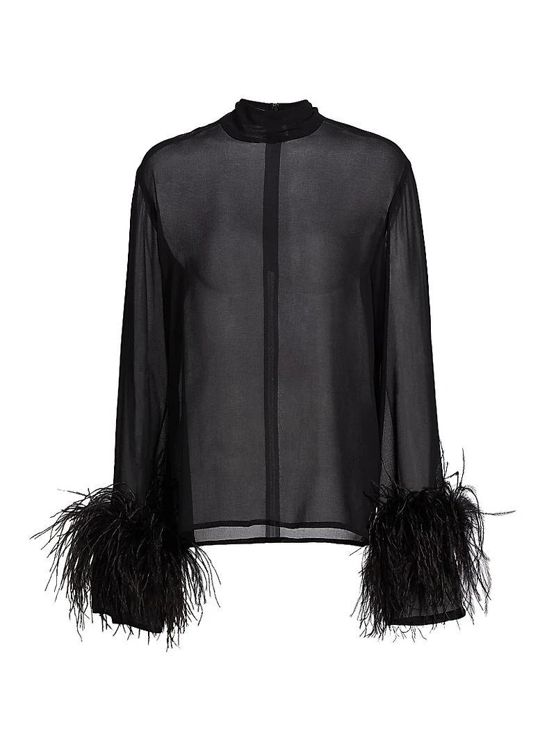 Feather-Trimmed Sheer Georgette Blouse
