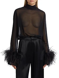 Feather-Trimmed Sheer Georgette Blouse
