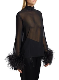 Feather-Trimmed Sheer Georgette Blouse
