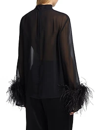 Feather-Trimmed Sheer Georgette Blouse