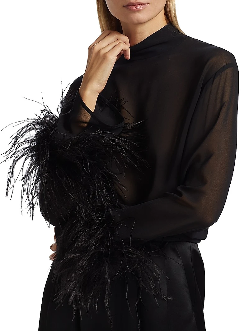 Feather-Trimmed Sheer Georgette Blouse