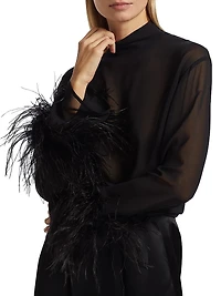 Feather-Trimmed Sheer Georgette Blouse