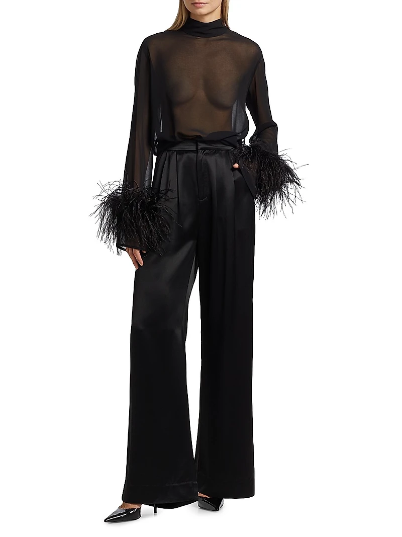 Feather-Trimmed Sheer Georgette Blouse