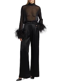 Feather-Trimmed Sheer Georgette Blouse