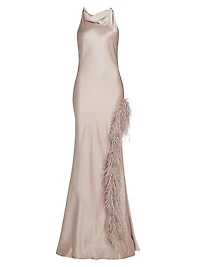 Satin Feather-Trim Cowlneck Gown