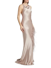 Satin Feather-Trim Cowlneck Gown