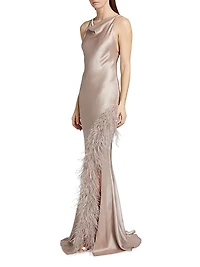 Satin Feather-Trim Cowlneck Gown