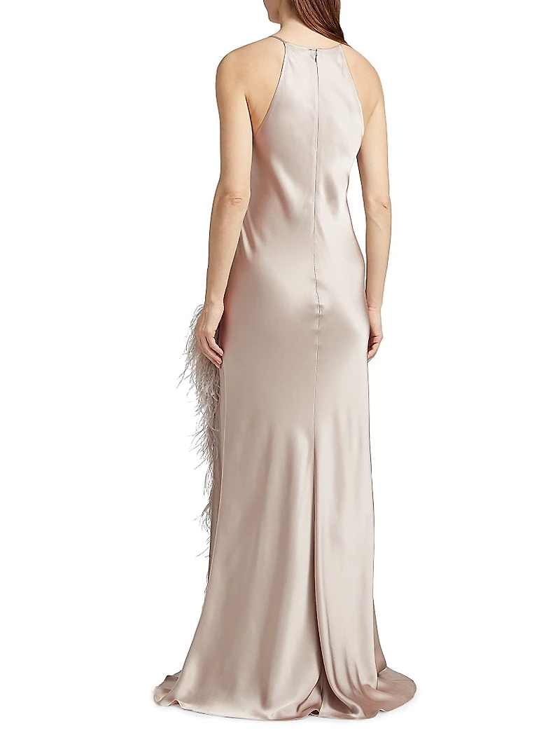 Satin Feather-Trim Cowlneck Gown