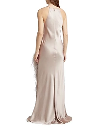 Satin Feather-Trim Cowlneck Gown